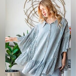 Oli & Hali Washed‎ Lace Ruffle Front Shirt Blue Size Large Bohemian